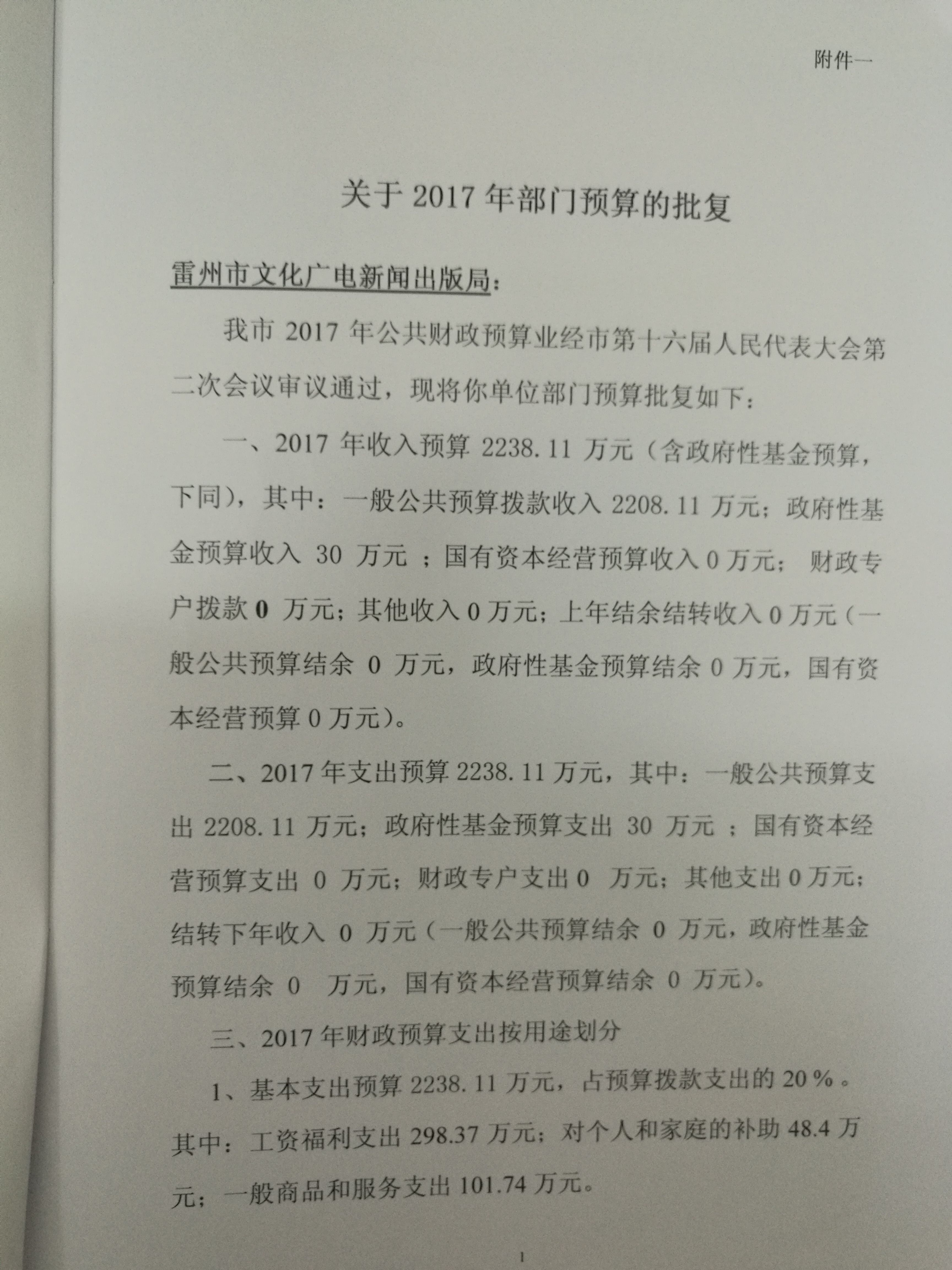 图片:2016年雷州市文化广电新闻出版局部门预算批复表