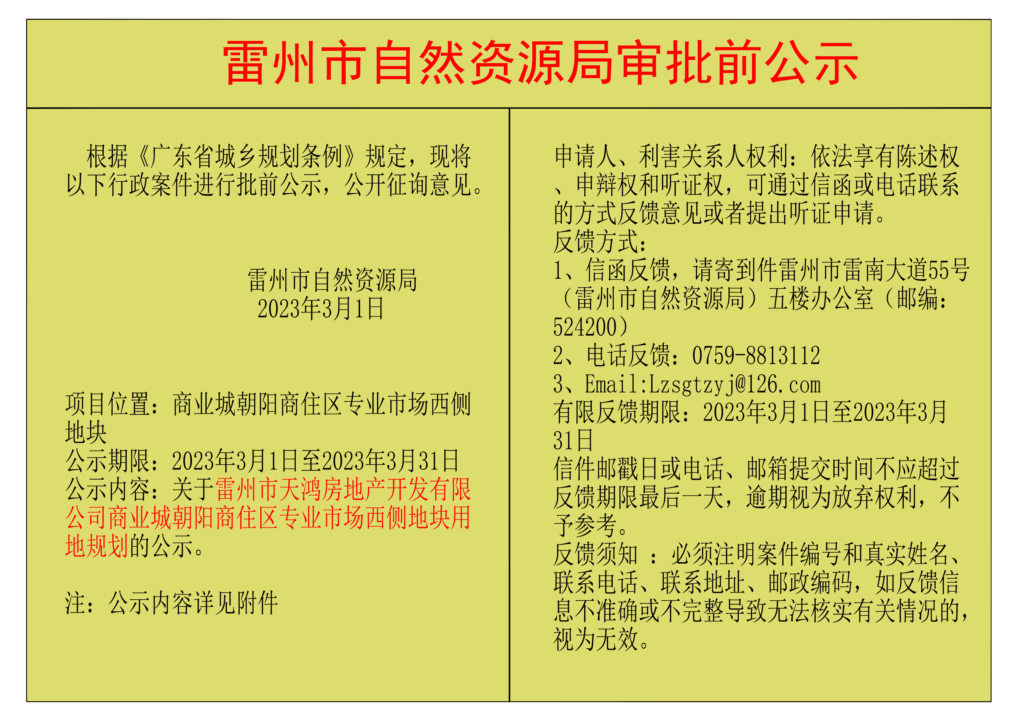 关于雷州市天鸿房地产开发有限公司商业城朝阳商住区专业市场西侧地块用地规划的公示.png