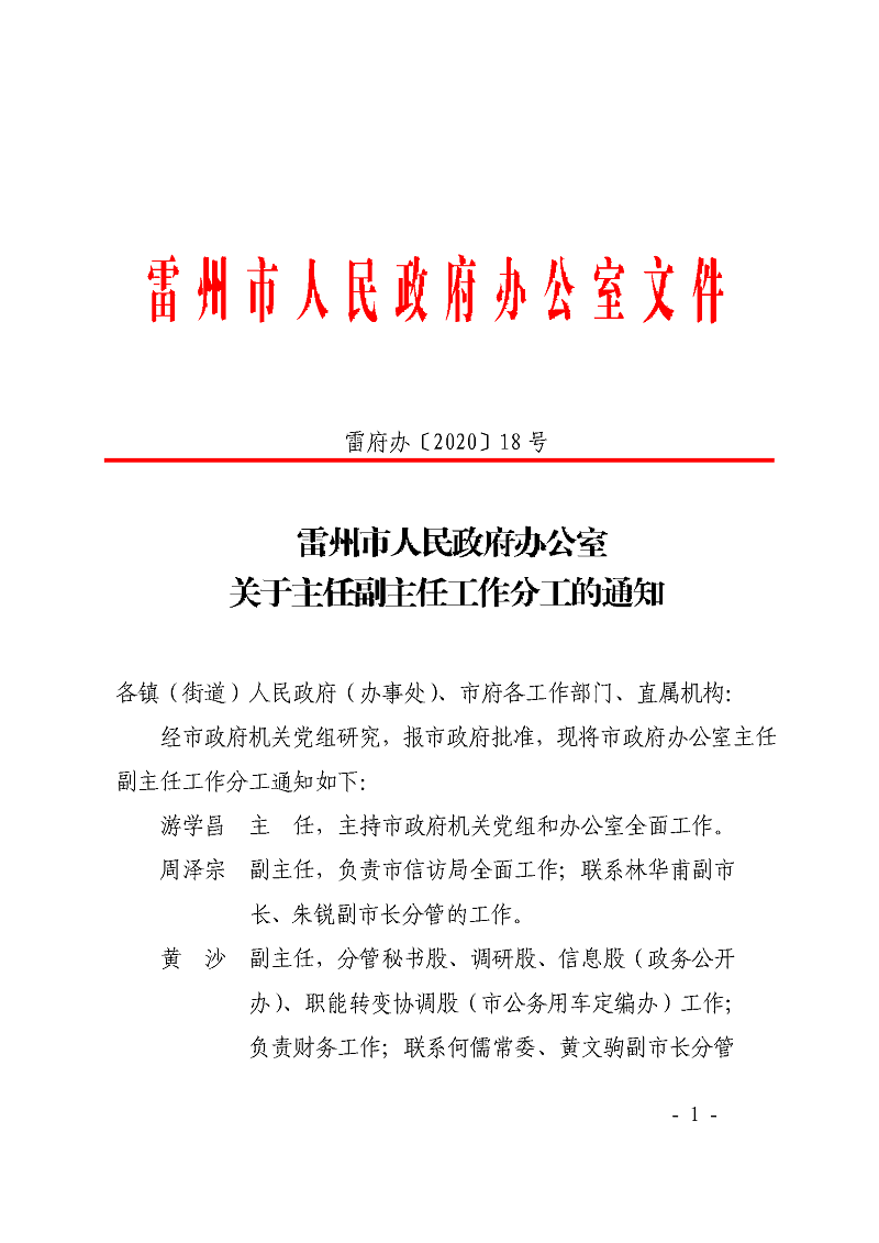 雷州市人民政府办公室关于主任副主任工作分工的通知_页面_1.png