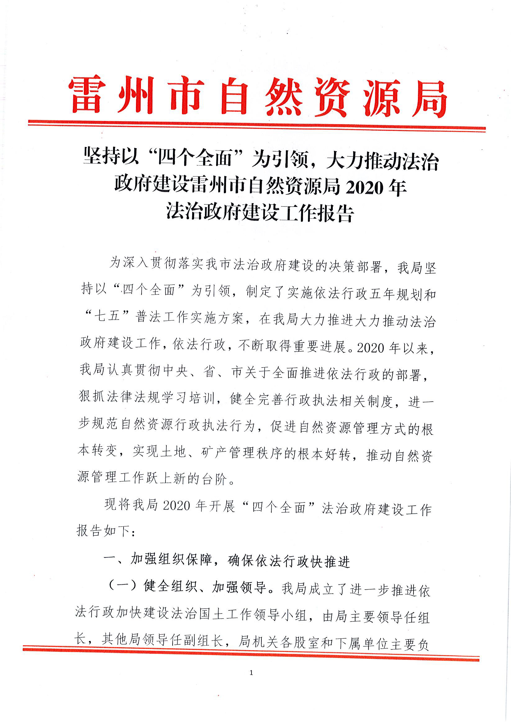 坚持以“四个全面”为引领，大力推动法治政府建设雷州市自然资源局2020年法治政府建设工作报告_页面_1.jpg